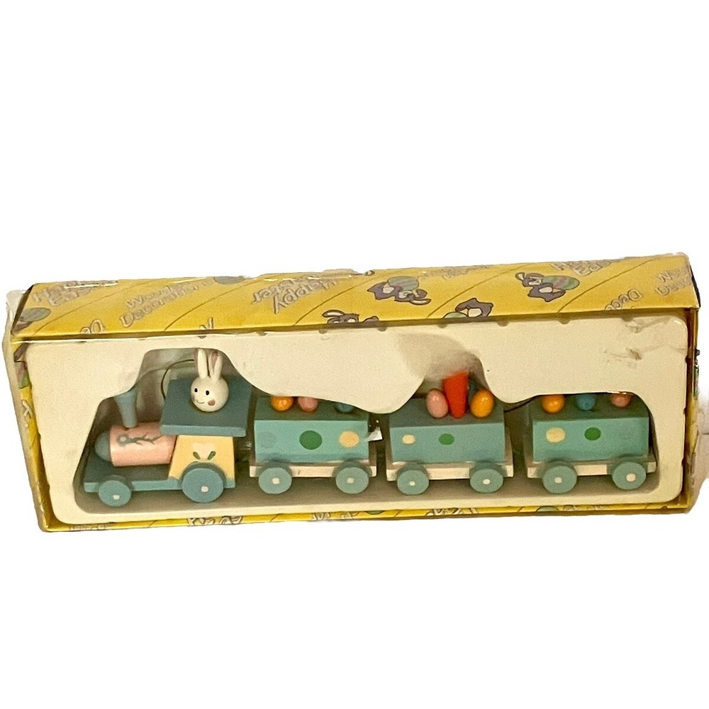 VTG  EASTER BUNNY RABBIT TRAIN Small Wooden Table‎ Decor ORNAMENTS WOOD